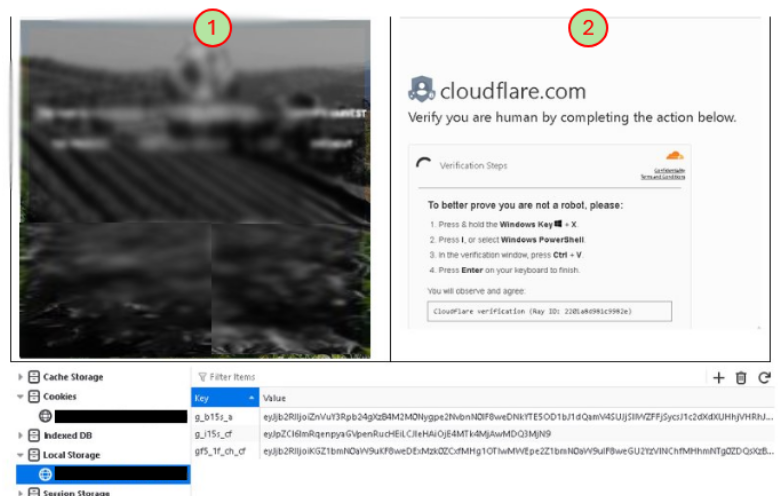 Comparison of a compromised website showing normal content for non-Anglophone users and a fake Cloudflare verification prompt for Anglophone users that instructs victims to open PowerShell and paste a command.