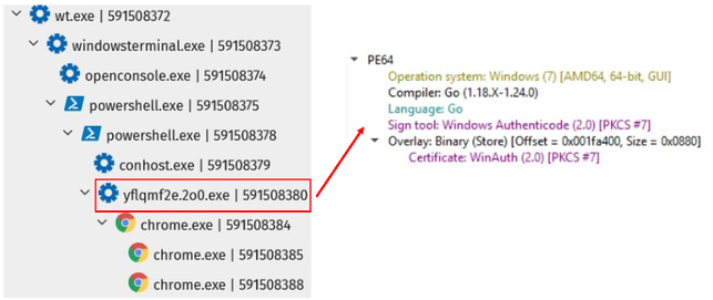 Threat telemetry showing PowerShell execution of a Vidar malware sample and related Chrome processes during an ErrTraffic infection.