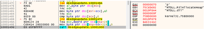 Disassembly screenshot showing TimbreStealer code resolving NTDLL-related functions, including RtlAllocateHeap, as part of its custom API resolution process.