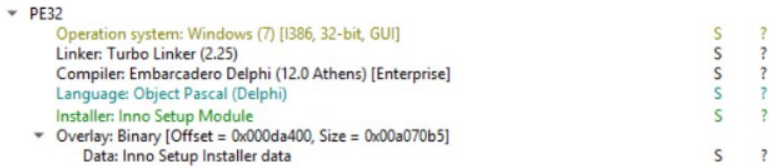 PE32 file metadata showing a 32-bit Windows executable compiled with Delphi and packaged with Inno Setup installer data.
