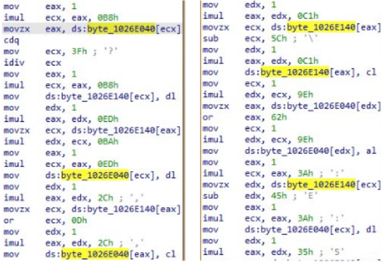 Disassembly screenshot showing TimbreStealer instructions manipulating two byte arrays in memory, part of the malware’s staged execution and obfuscation process.