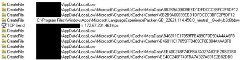 Threat telemetry showing Vidar malware creating files in the Windows CryptnetUrlCache directory and communicating with remote infrastructure during an ErrTraffic infection.