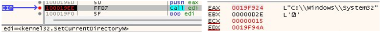 Disassembly screenshot showing TimbreStealer setting the current directory to the Windows System32 folder, helping the malware prepare its execution environment while avoiding visible import dependencies.