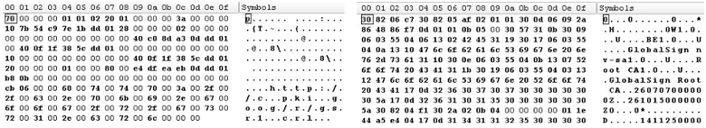 Hexadecimal view of metadata and content files created by Vidar malware in the Windows CryptnetUrlCache directory during an ErrTraffic infection.