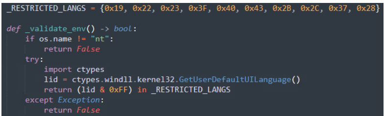 Python code checking the Windows system language against a restricted list to prevent the malware from executing on selected CIS-country systems.