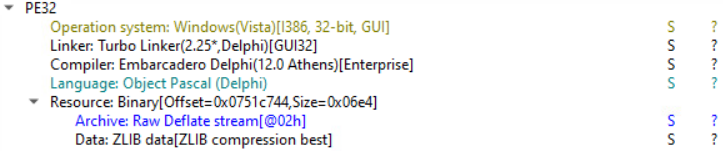 PE32 file analysis showing a 32-bit Windows DLL compiled with Embarcadero Delphi 11.0 Alexandria and written in Object Pascal.