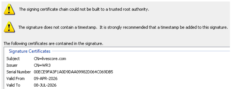 Certificate details for a Vidar malware sample showing an untrusted self-signed Windows Authenticode certificate used during an ErrTraffic malware campaign.