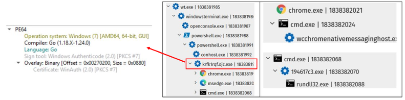 Process tree showing a Go-based Vidar infostealer variant launching Chrome, Edge, command-line processes, and native messaging components during an ErrTraffic malware infection.