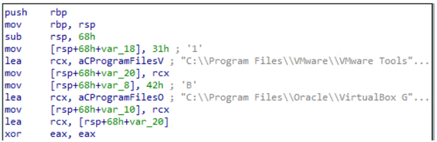 Screenshot of malware assembly code checking for VMware and VirtualBox installation paths to detect virtualized environments and potentially evade security analysis.
