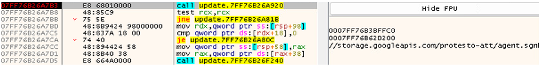 Debugger screenshot showing Overlord RAT malware code referencing a Google Cloud Storage URL to download the encrypted agent.sgn payload.
