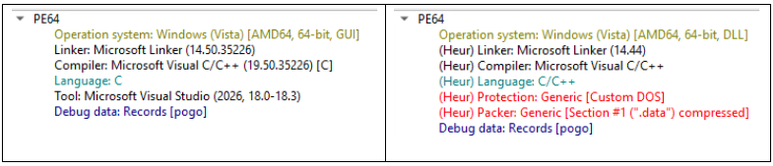 File analysis showing a Vidar malware executable and associated DLL compiled with Microsoft Visual C/C++, including packer and protection details observed during an ErrTraffic infection.