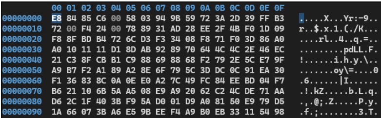 Hexadecimal view of the encrypted werdata.db malware payload associated with Overlord RAT, which decrypts to Donut x64 shellcode.