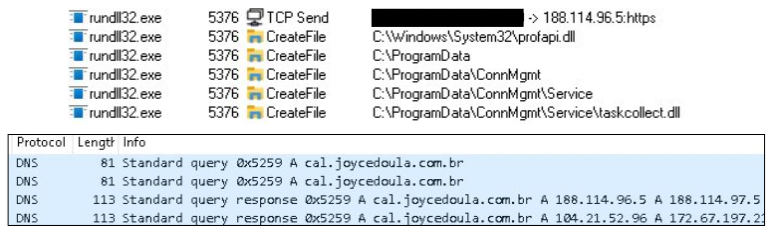 Network telemetry showing Vidar malware communicating with command-and-control infrastructure through rundll32.exe and a compromised Brazilian domain during an ErrTraffic ClickFix infection.