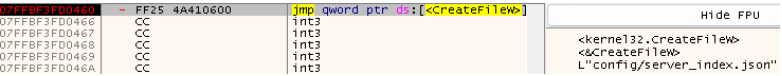 Debugger screenshot showing Overlord RAT malware checking for the configuration files settings.json and server_index.json using the Windows CreateFileW API.