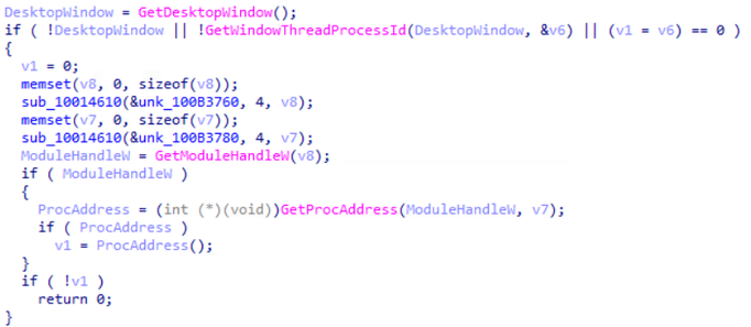 Pseudocode screenshot showing TimbreStealer checking the desktop window’s process ID and resolving function addresses, part of its execution validation and anti-analysis behavior.