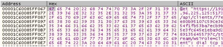 Debugger screenshot showing Overlord RAT malware referencing a command-and-control server at 191.96.225.125 on port 5173 during network communication.