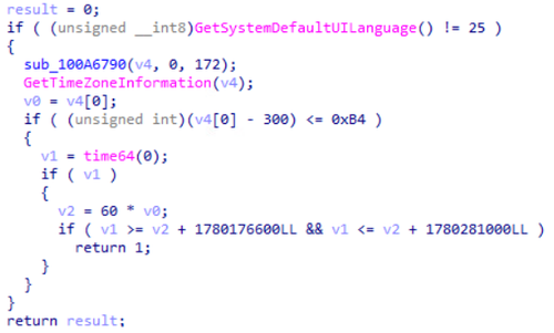 Pseudocode screenshot showing TimbreStealer checking the system UI language, time zone, and execution time window to validate the victim environment before continuing.