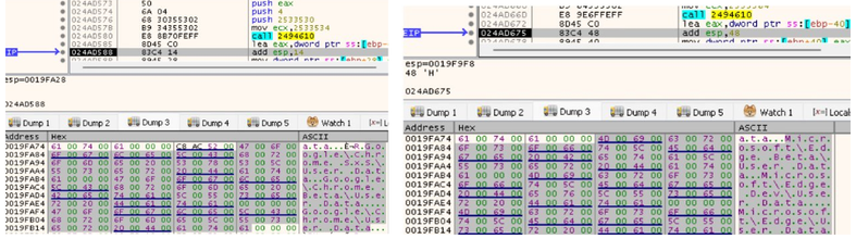 Disassembly and memory dump screenshot showing TimbreStealer defining Google Chrome and Microsoft Edge user data paths as targets for browser data collection.