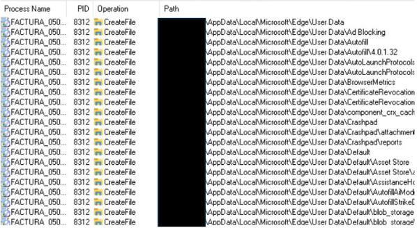 Process monitoring screenshot showing TimbreStealer creating files in Microsoft Edge user data directories, indicating browser artifact collection activity during execution.