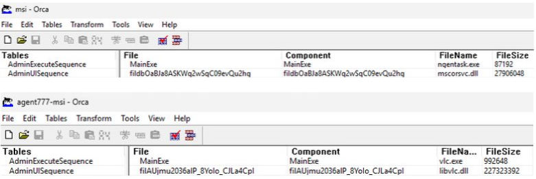 Screenshot of Orca MSI editor showing malicious installer files pairing legitimate ngentask.exe and vlc.exe executables with malicious DLLs for DLL side-loading in the Overlord RAT campaign.