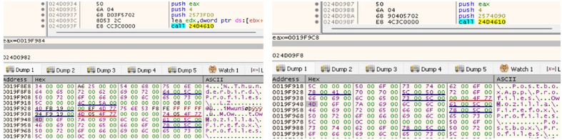 Disassembly and memory dump screenshot showing TimbreStealer targeting Mozilla Firefox, Thunderbird, and Postbox profile paths as part of its browser and email data collection routine.