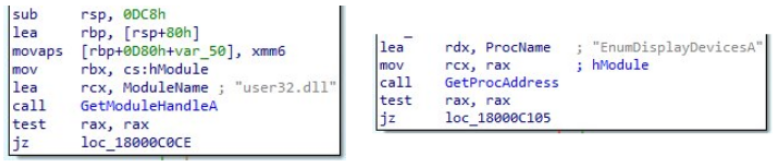 Code analysis showing a NodeJS backdoor DLL using GetModuleHandleA and GetProcAddress to dynamically resolve Windows API functions such as EnumDisplayDevicesA during an ErrTraffic infection.