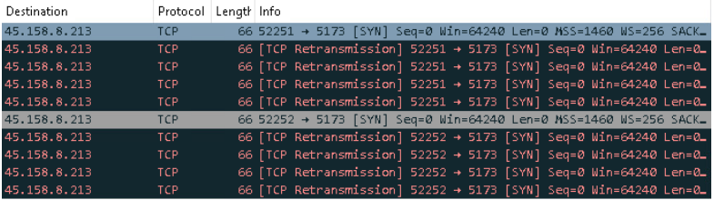 Wireshark network capture showing repeated TCP connection attempts to Overlord RAT command-and-control server 45.158.8.213 on port 5173.