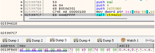 Disassembly and memory dump screenshot showing TimbreStealer identifying OneDrive as a target directory during its user file and cloud storage data collection routine.