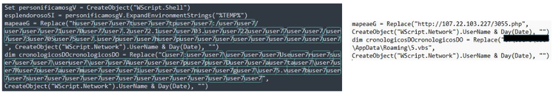 Screenshot of obfuscated Lampion malware VBScript using repeated user7 strings to conceal a malicious URL, alongside the deobfuscated code.