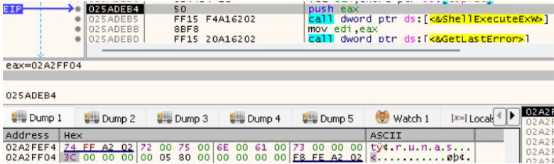 Disassembly and memory dump screenshot showing TimbreStealer invoking the Windows “runas” command through ShellExecuteExW, indicating privilege escalation behavior during execution.