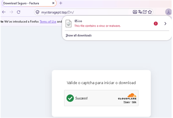Screenshot of a fake Portuguese invoice download page using a fraudulent CAPTCHA to distribute a malicious ISO file, with Firefox displaying a malware warning.