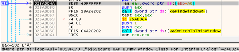 Disassembly screenshot showing TimbreStealer searching for the Windows UAC dummy window class and calling SwitchToThisWindow, indicating privilege escalation-related behavior.