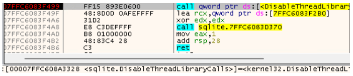 Code analysis showing a malicious SQLite DLL calling DisableThreadLibraryCalls, a technique used by OnionDrop-related malware to reduce monitoring visibility during an ErrTraffic infection.