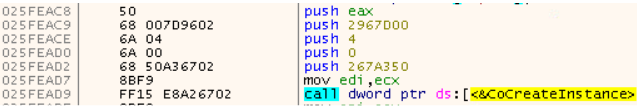 Disassembly screenshot showing TimbreStealer calling CoCreateInstance to create a COM object, indicating use of Windows COM functionality during execution.