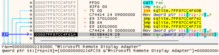 Code analysis showing OnionDrop-related malware checking for Microsoft Remote Display Adapter to detect virtualized or remote analysis environments during an ErrTraffic infection.