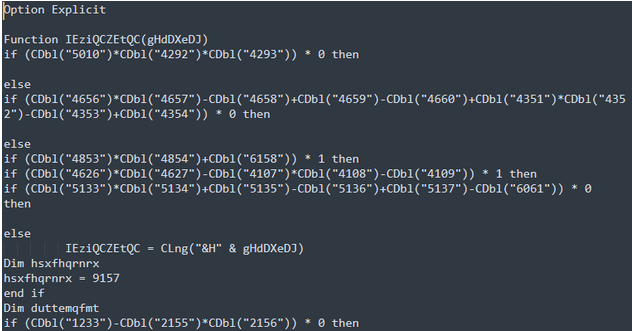 Screenshot of heavily obfuscated VBScript malware using meaningless variables and complex conditional statements to conceal malicious code in the newdev.dll campaign.