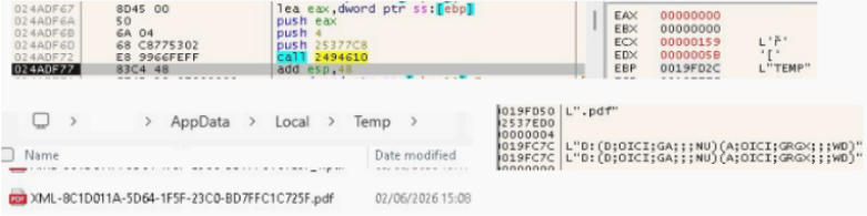 Screenshot showing TimbreStealer creating a temporary PDF file in the AppData Local Temp folder with an XML-based filename and access control settings during execution.