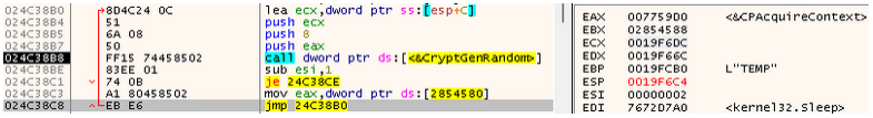 Disassembly screenshot showing TimbreStealer calling CryptGenRandom to generate random bytes during temporary PDF creation, likely to vary file contents during execution.