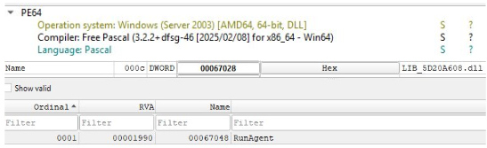 Screenshot of decrypted 64-bit Windows DLL malware compiled in Free Pascal, showing the RunAgent export function associated with the newdev.dll campaign.